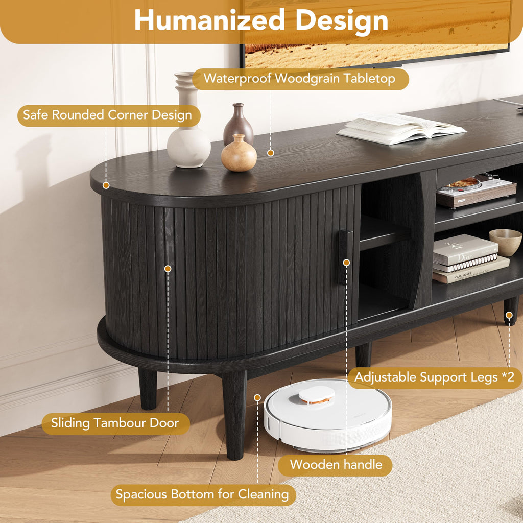69" Fluted TV Stand for TVs Up to 80" with Charging Station, Black
