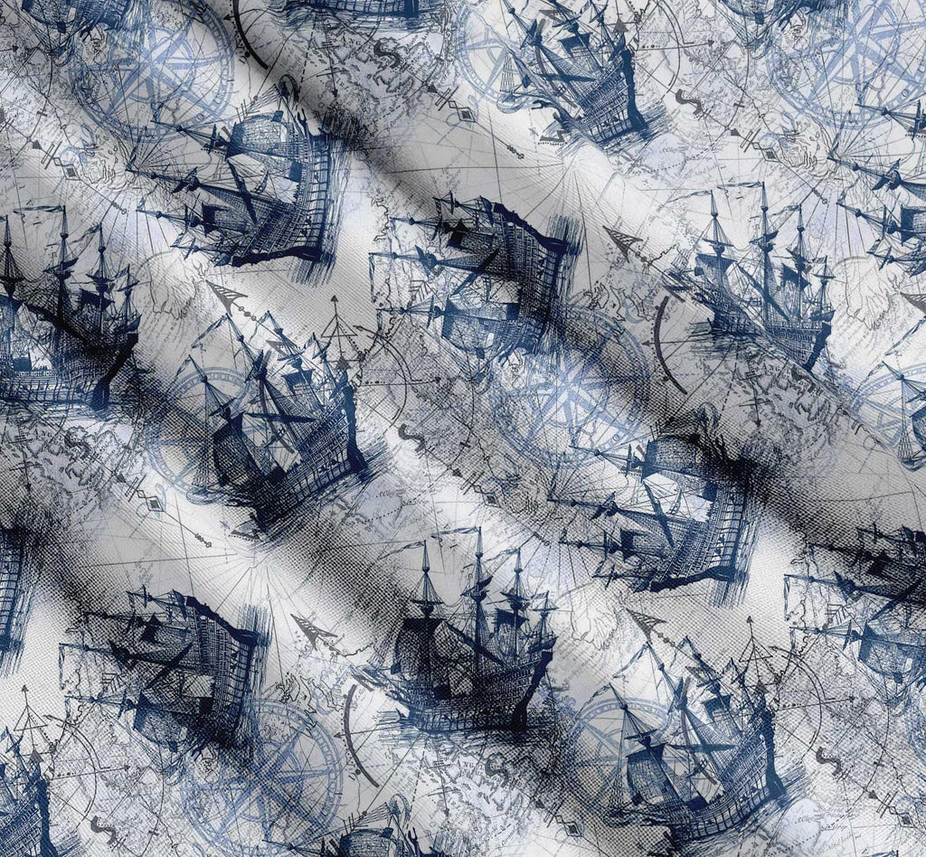 Cotton Poplin Blue Fabric - by The Yard - 56 Inch Wide - Ship & Direction Compass Nautical Fabric - Nautical