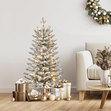 3FT Pre-lit Potted Flocked Christmas Tree, Snow Frosted Mini Tabletop Artificial Christmas Tree with 50 Warm White