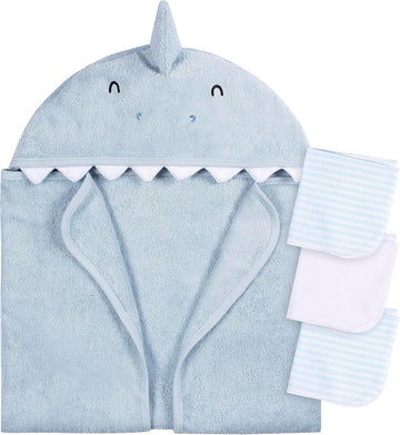 Baby 4 Piece Animal Character Hooded Towel and Washcloth Set, Blue Shark, One Size