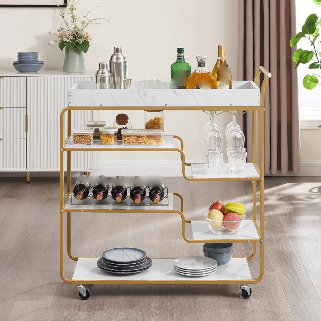Gold Bar Cart with Wheels 6-Tier Rolling Serving Cart Vintage Wine Trolley with Glass Holder and Wine Rack Beverage