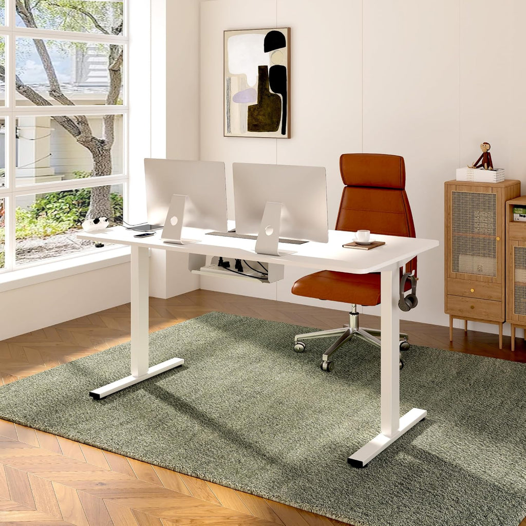 EN2 55"x28" Whole-Piece Standing Desk with Power Strip, White | Whole-Piece Desktop, Easy-Access Clamp Power Strip