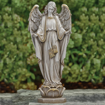By , 23" Angel on Pedestal Garden Statue, Outdoor Religious Angel Sculpture with Stone Finish