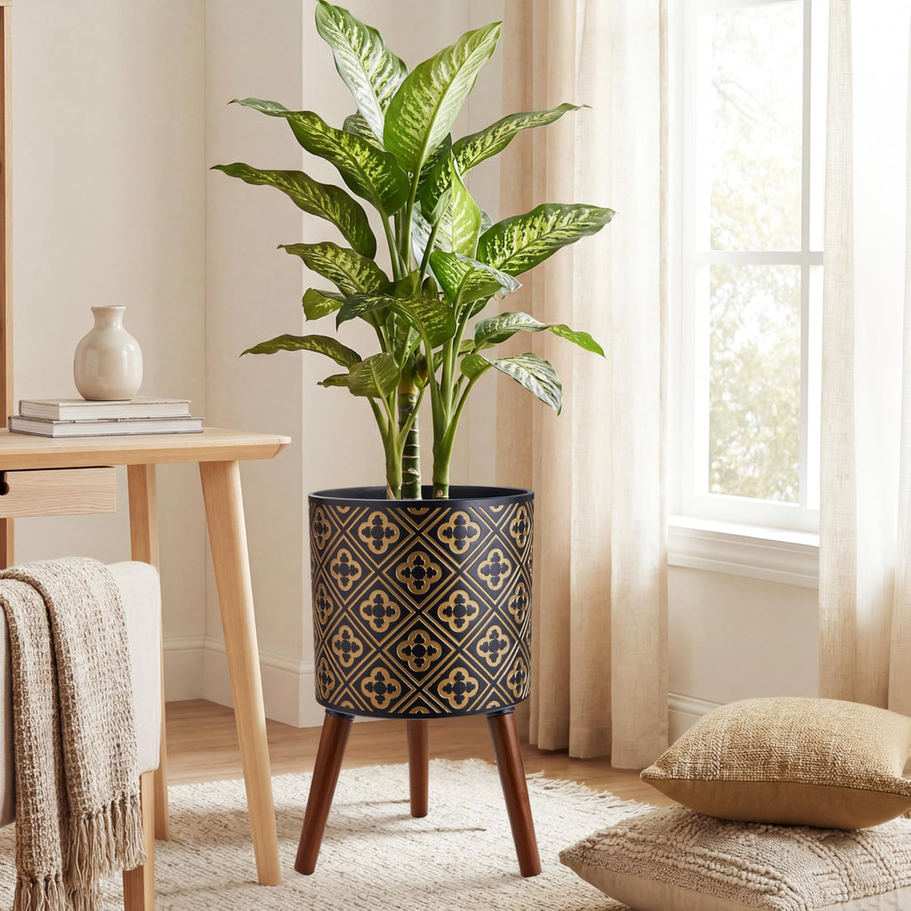 10 Inch Plant Pot with Stand, Planter for Indoor Plants, Modern Large Flower Planter Pot with Drainage Holes for