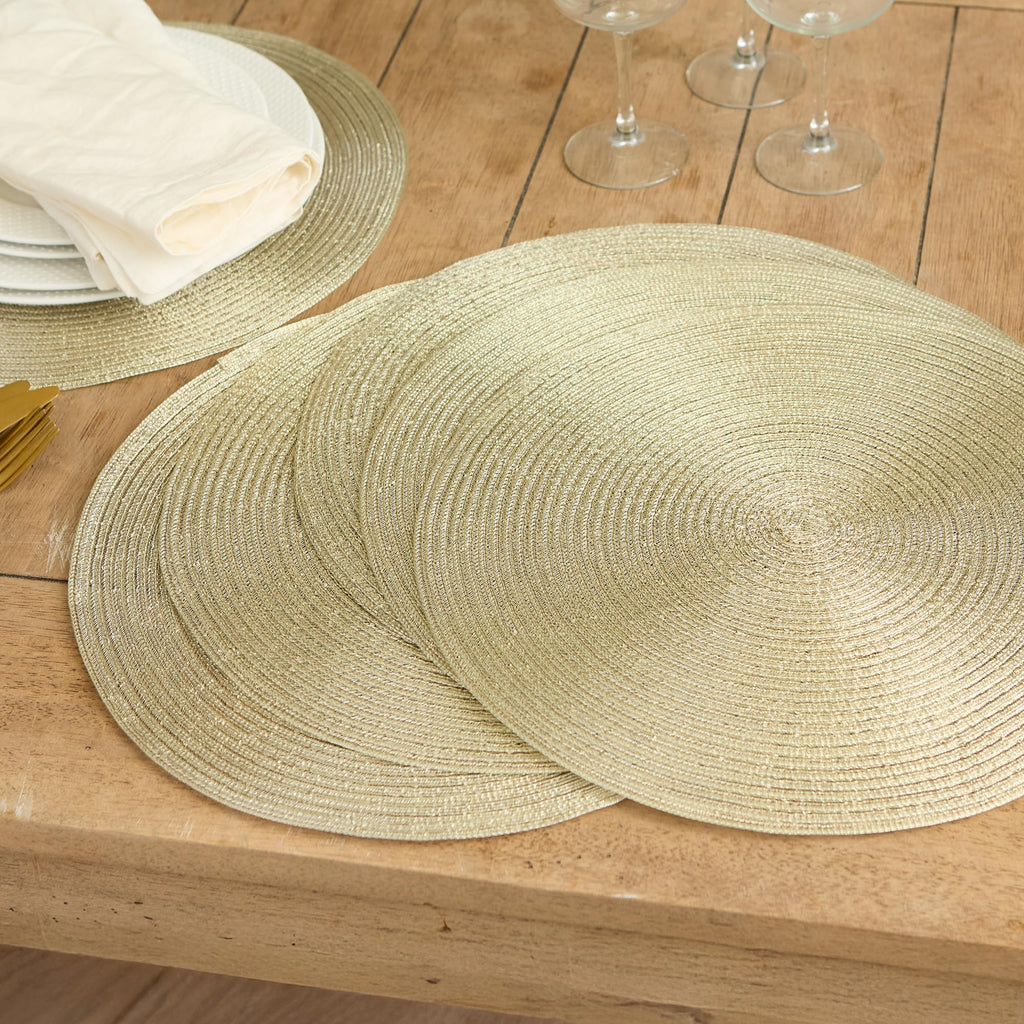 Metallic Round Woven Placemats, Set of 4, 15", Champagne Gold