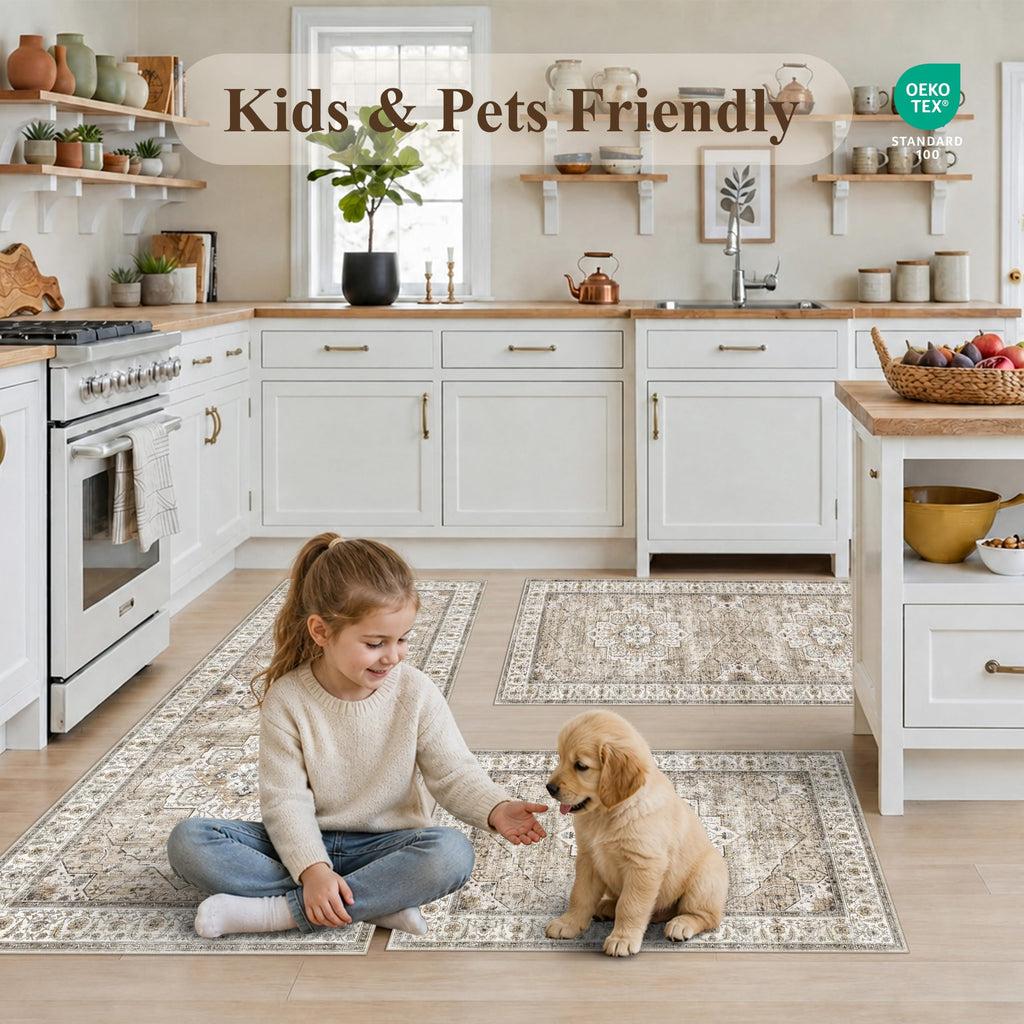 Washable Kitchen Rugs Sets of 3: Non-Slip Boho Kitchen Mats for Floor - Soft Low Pile Carpet Runner for