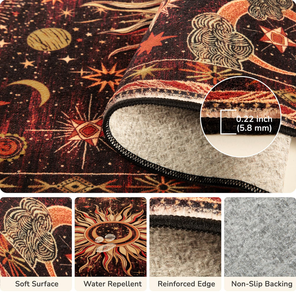 Vacuum-Friendly, 2x8 Washable Area Rug, Red Gold Beige