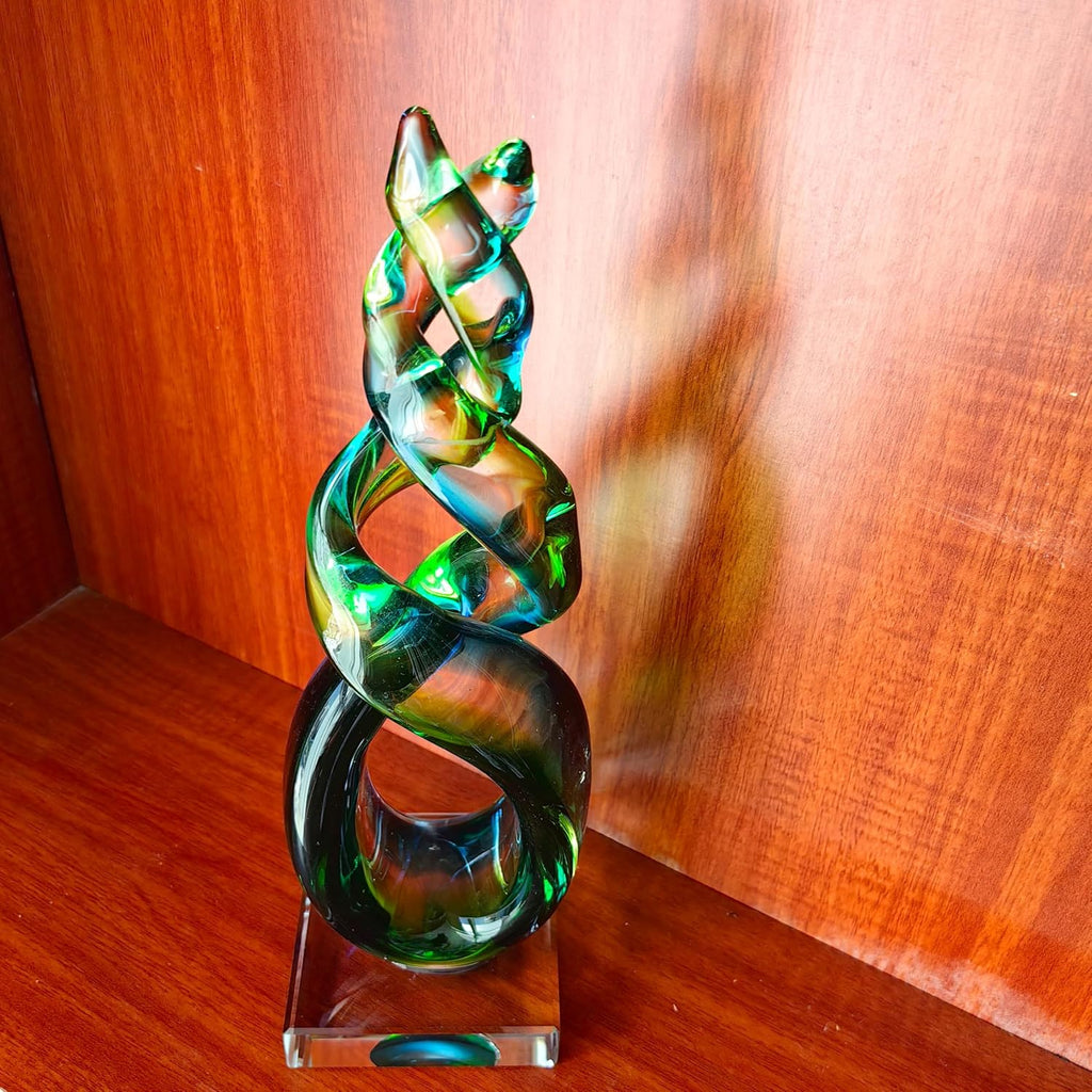 Hand Blown Sculpture, Green and Blue Twisted Art Decor with Crystal Base, Home Decor, Outside Decor