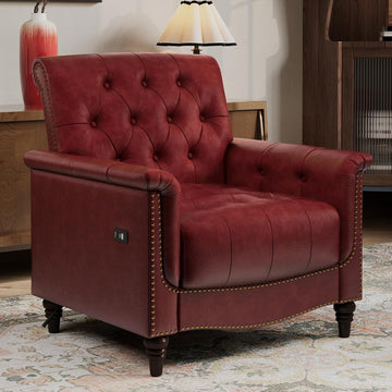 Mid Century Accent Chair, Faux Leather Armchair with Wooden Legs, Wine Red