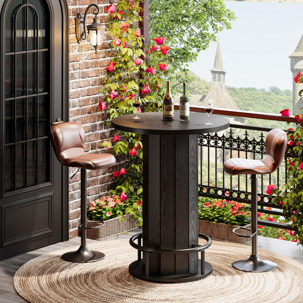 Round Bar Table, 39.4" H Wood Bistro Pub Table with Metal Ring Footrest for Dining Coffee Cocktail Living Room, Small