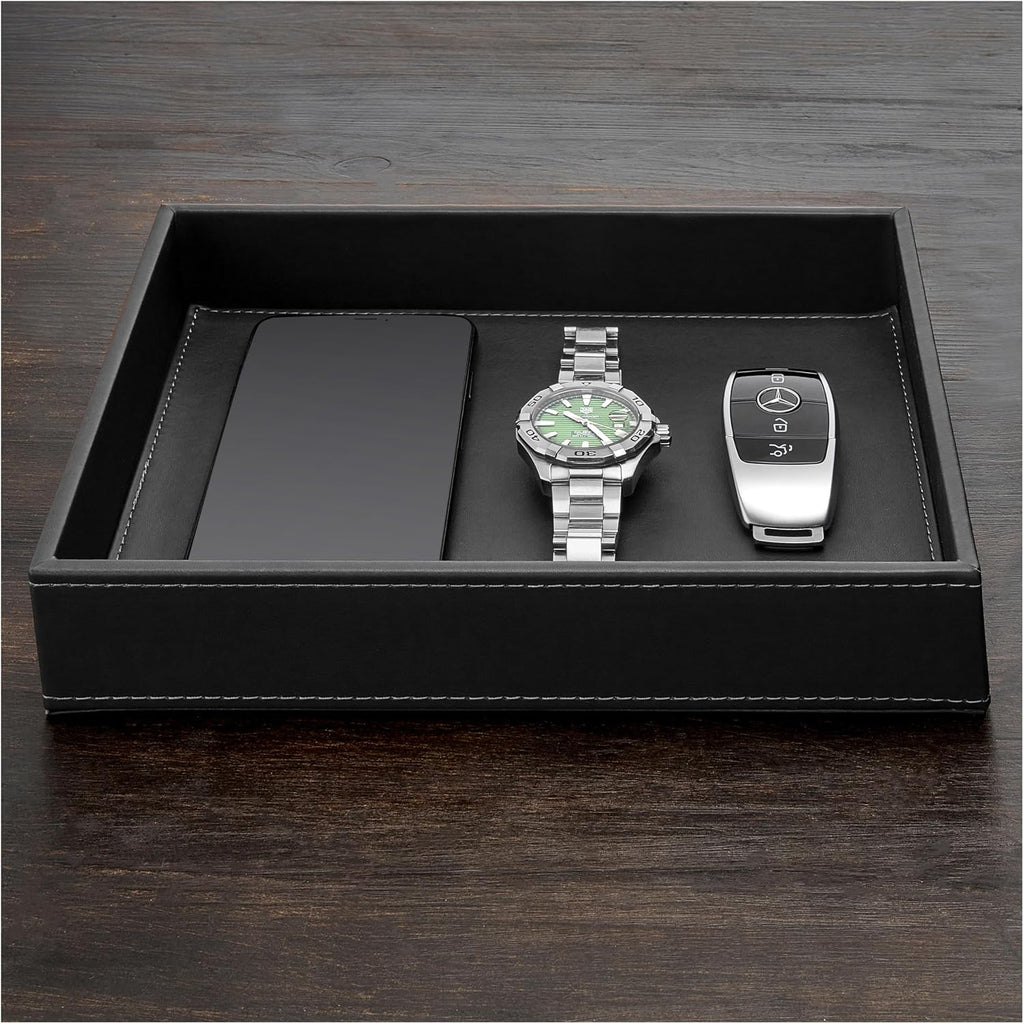 Valet Tray for Men - Nightstand Organizer EDC Tray for Wallet and Keys - Dresser Leather Catchall Dump Key Tray