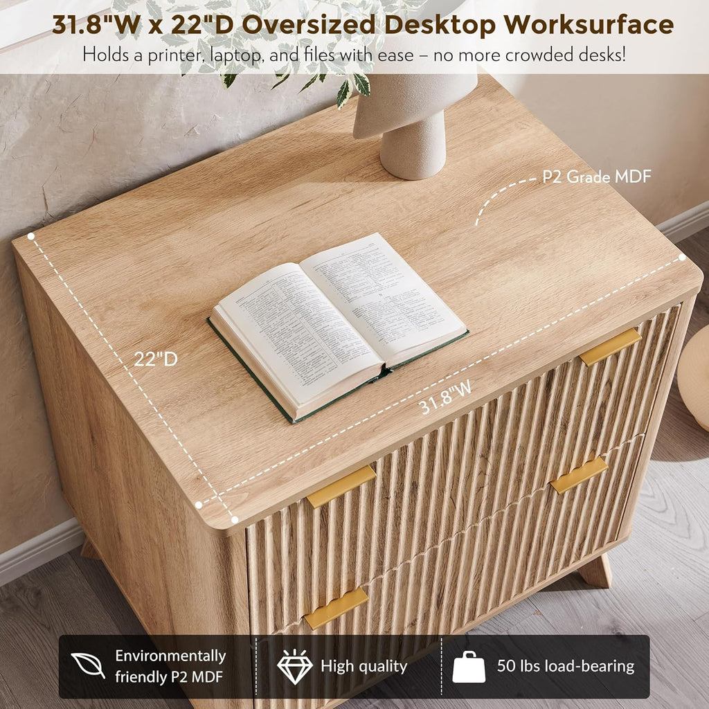 31.8-Inch Fluted 2 Drawer Lateral File Cabinet, Natural Oak | Filing Cabinet with Files Hanging Rod for Letter