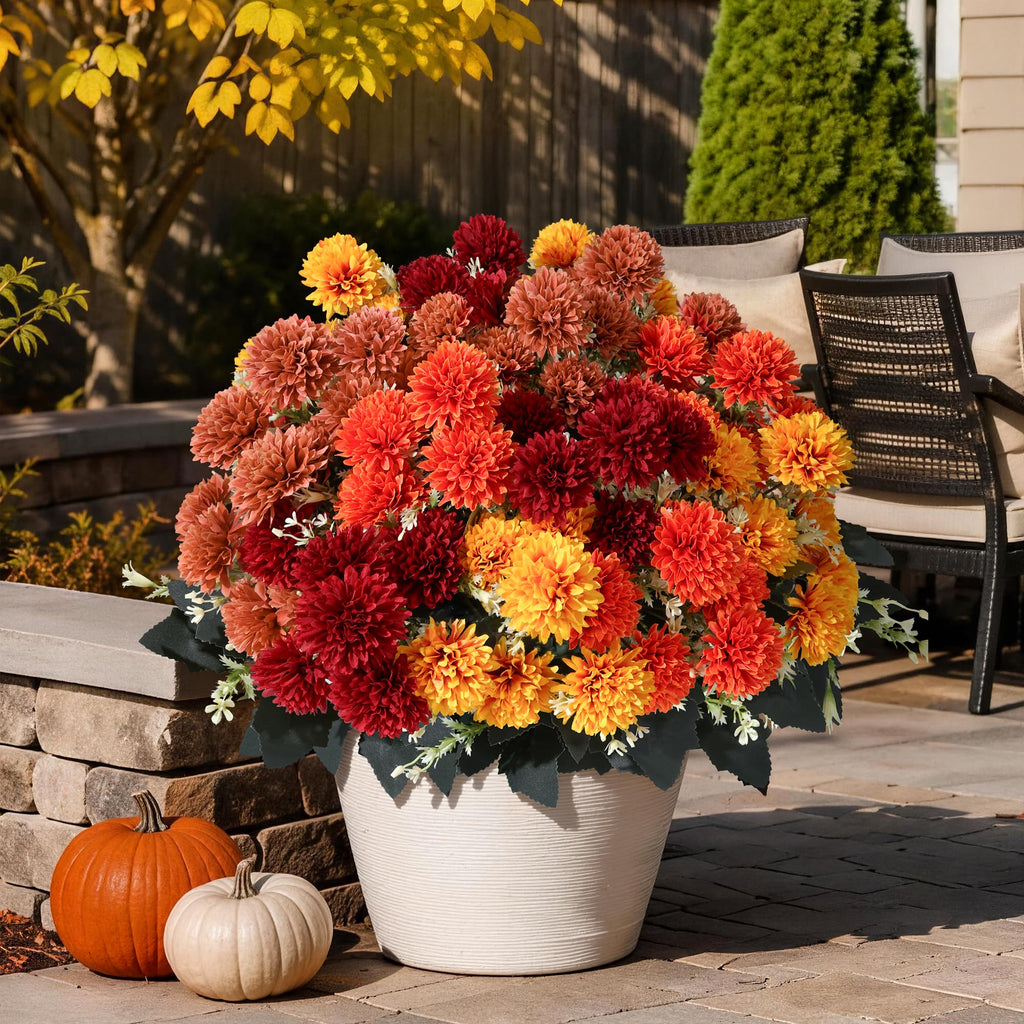 Fake Mums Artificial Fall Flowers for Outdoors Outside Decorations, 12 Bundles Silk Chrysanthemums Fall Flowers Faux