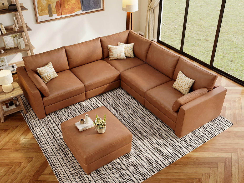 Faux Leather Modular Sectional Sofa Wide V Shaped Couches Brown