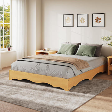 Japanese-Inspired Low Profile Wood Platform Bed Frame with Wavy Edge - Solid Slat Support, Noise-Free, No Box Spring