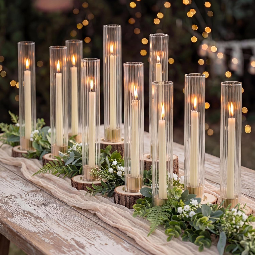 Hurricane Candle Holder for Centerpiece: Set of 10 Metal Taper Candle Holders with Fluted Glass Cylinders - Gold