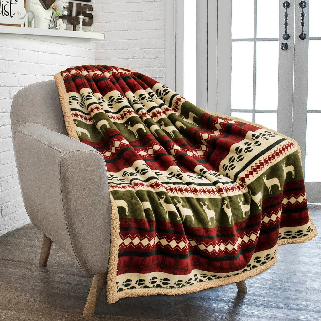 Premium Christmas Sherpa Throw Blanket, Green Red Cabin Design with Reindeer Print, Ultra Soft Reversible Fleece &
