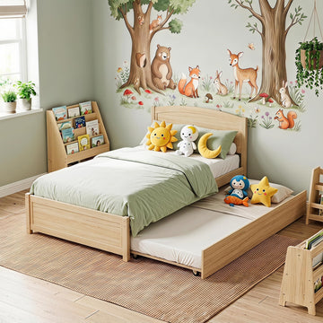 Daybed with Trundle, Twin Size Pull Out Bed, Solid Wood Extendable Day Bed with Trundle, Include Slat Support