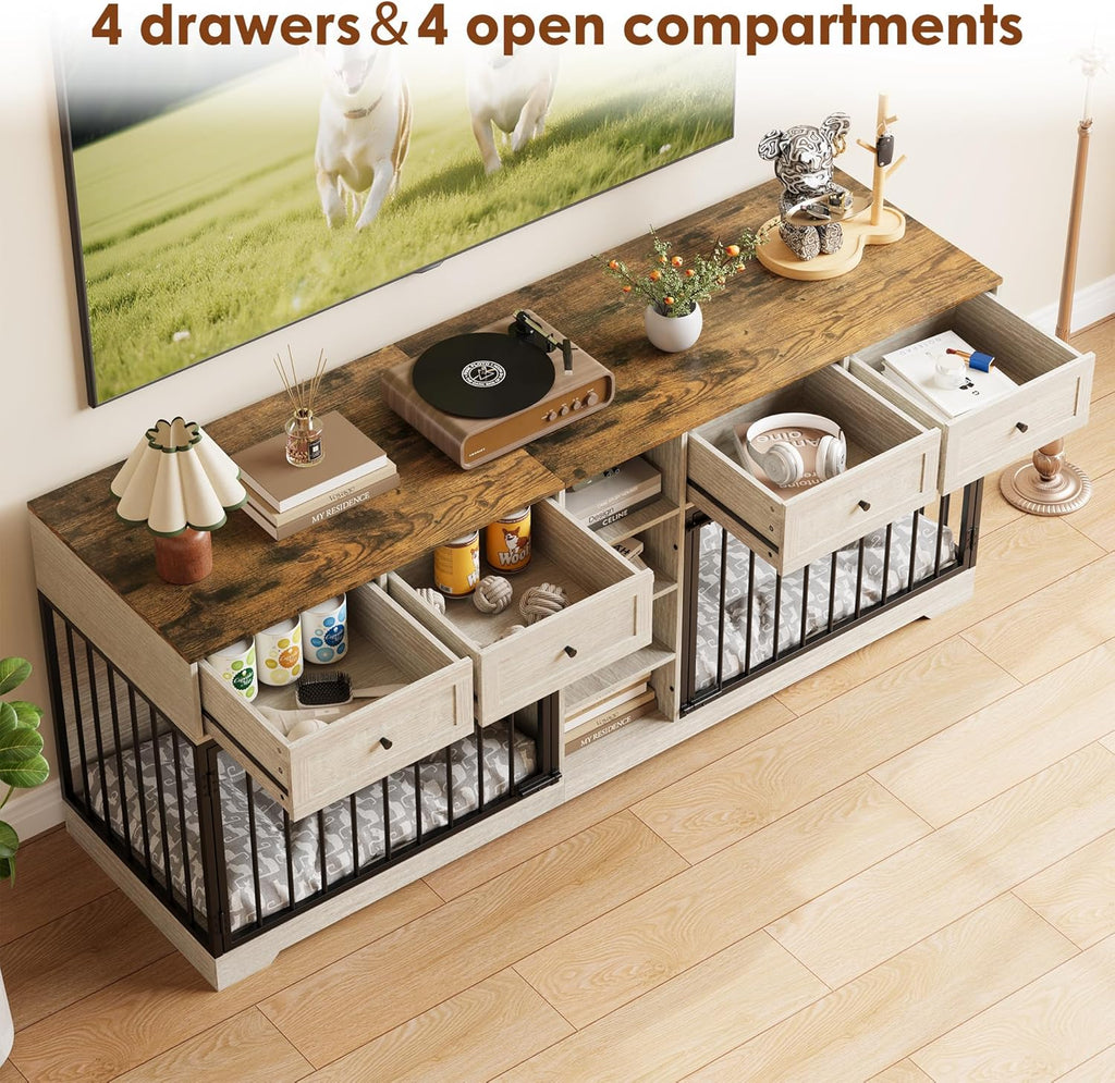 Double Dog Crate Furniture with Storage, Washed White