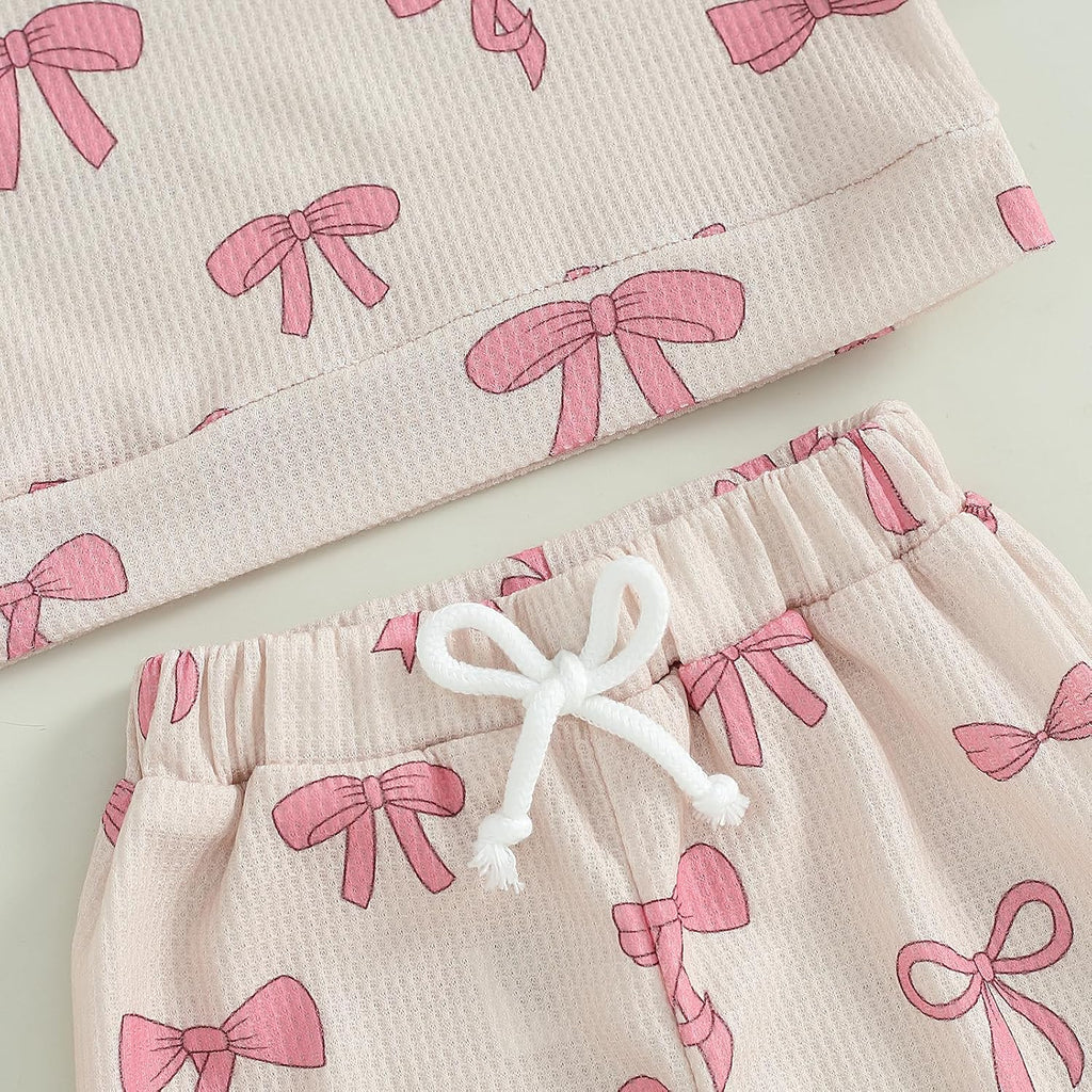 Fall Baby Girl Clothes Ruffle Long Sleeve Bow Print Sweatshirt Top Pants Set 2Pcs Waffle Knit Outfit
