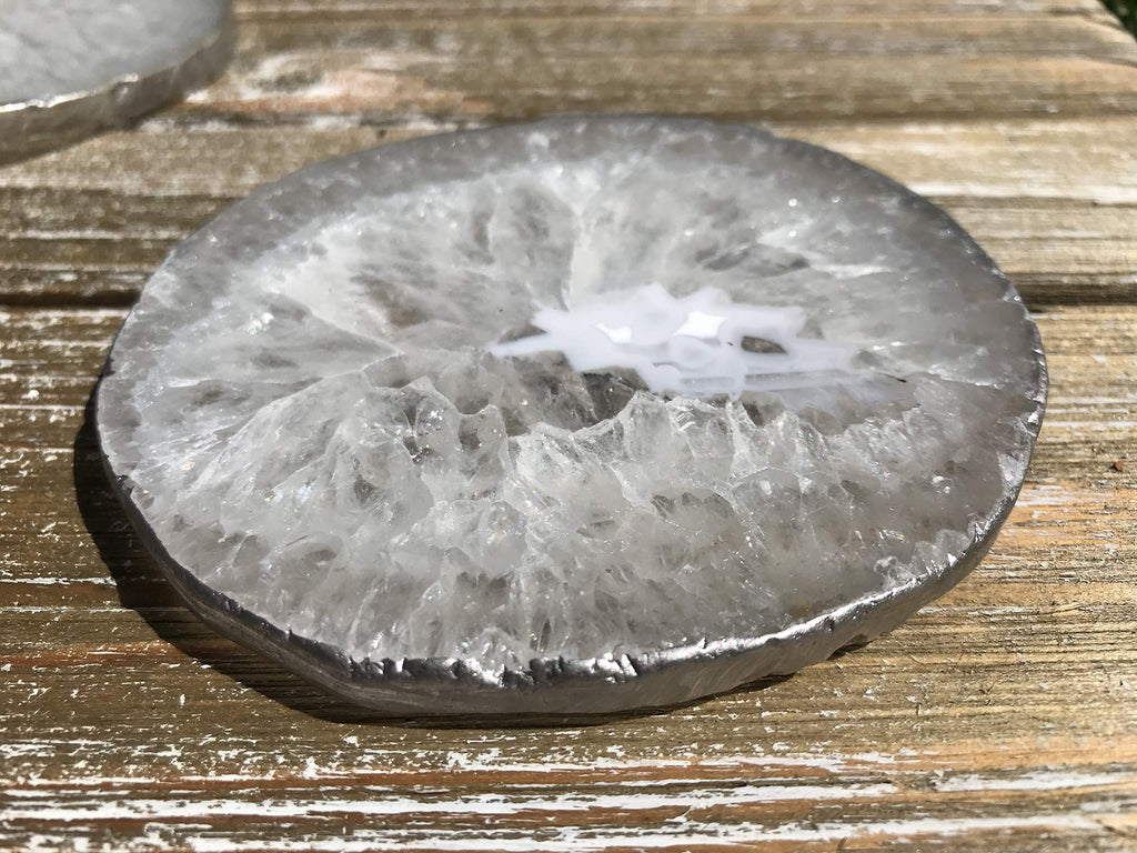 Agate Coaster Set of 4 - Silver Plated Authentic Brazilian Agate Coasters - White