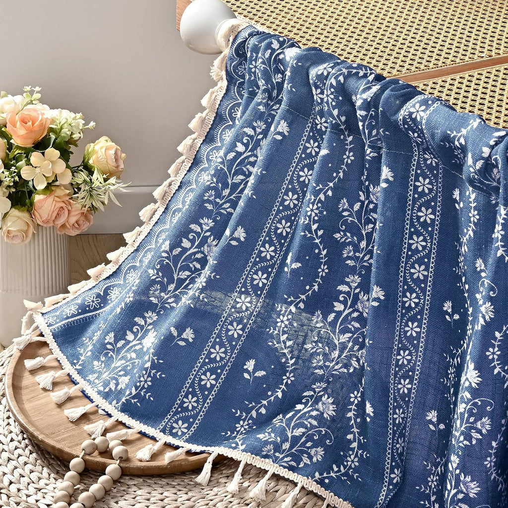 Boho Valance Curtains Vintage Linen Blue Kitchen Valances for Windows Light Filtering Bohemian Floral Valance Rod