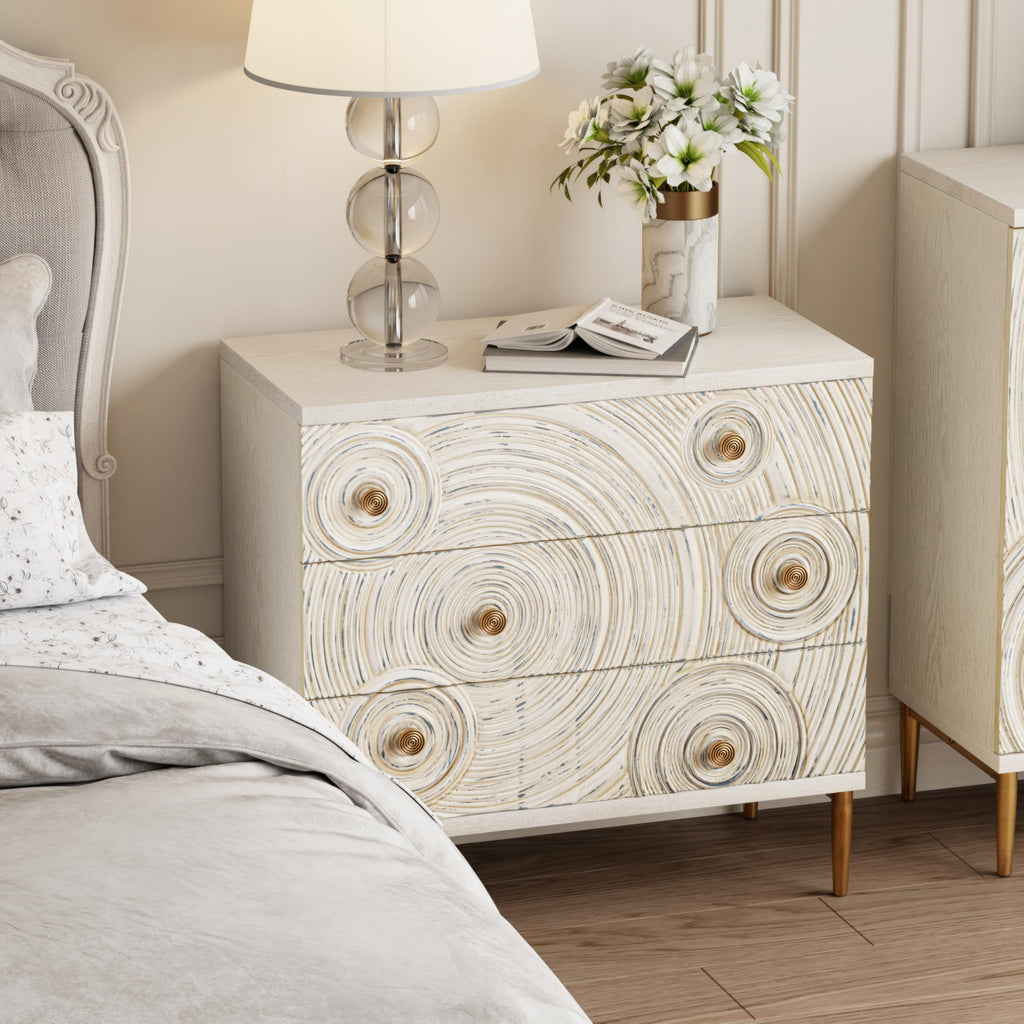 Boho Embossed 3 Drawer Dresser with Ring Motif, White and Gold