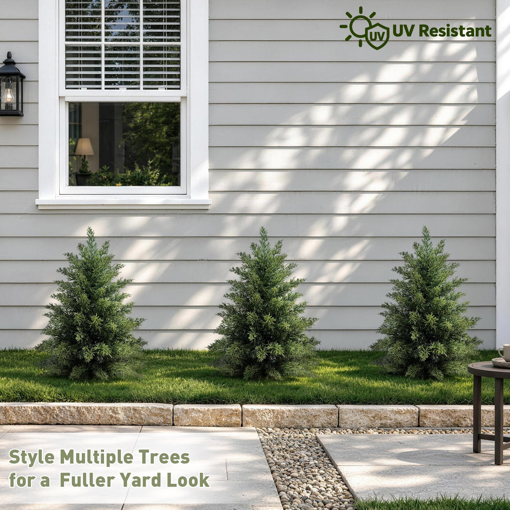 2ft Artificial Cedar Topiary Tree, Set of 2 Realistic Faux Evergreen Shrub Plant in Planter, Indoor Outdoor Fake