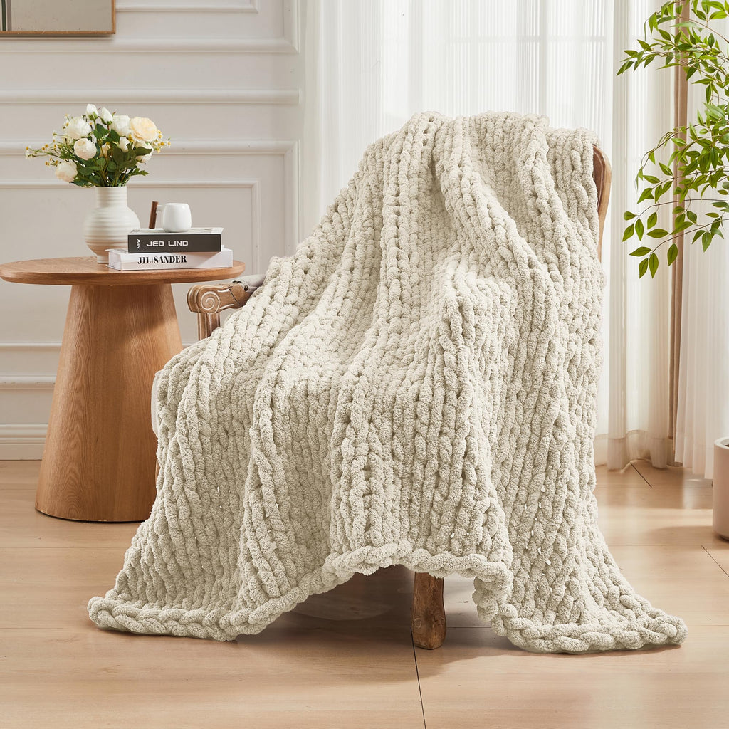 Chunky Knit Throw Blanket 60 x 80, 100% Hand Made, Light Beige