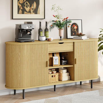 63" Sideboard Buffet Cabinet with Storage Drawer & Shelves, Oak