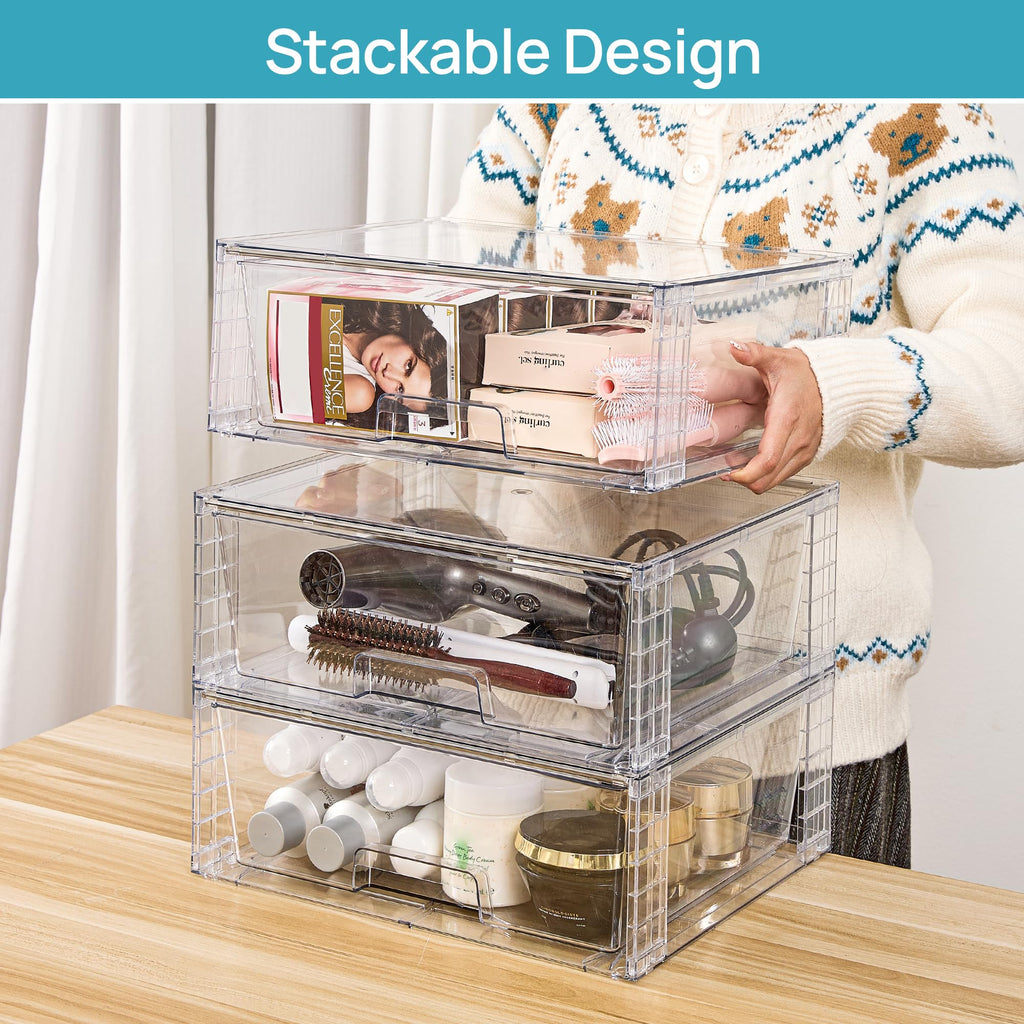 8 Pack Large Clear Stackable Storage Drawers for Closet, Pantry
