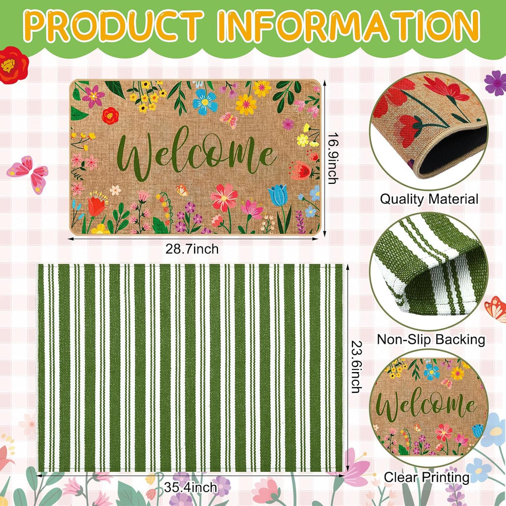 2 Pcs Summer Floral Door Mat Outdoor Wildflower Welcome Doormat for Front Door Linen Rubber Layered Flower Stripes