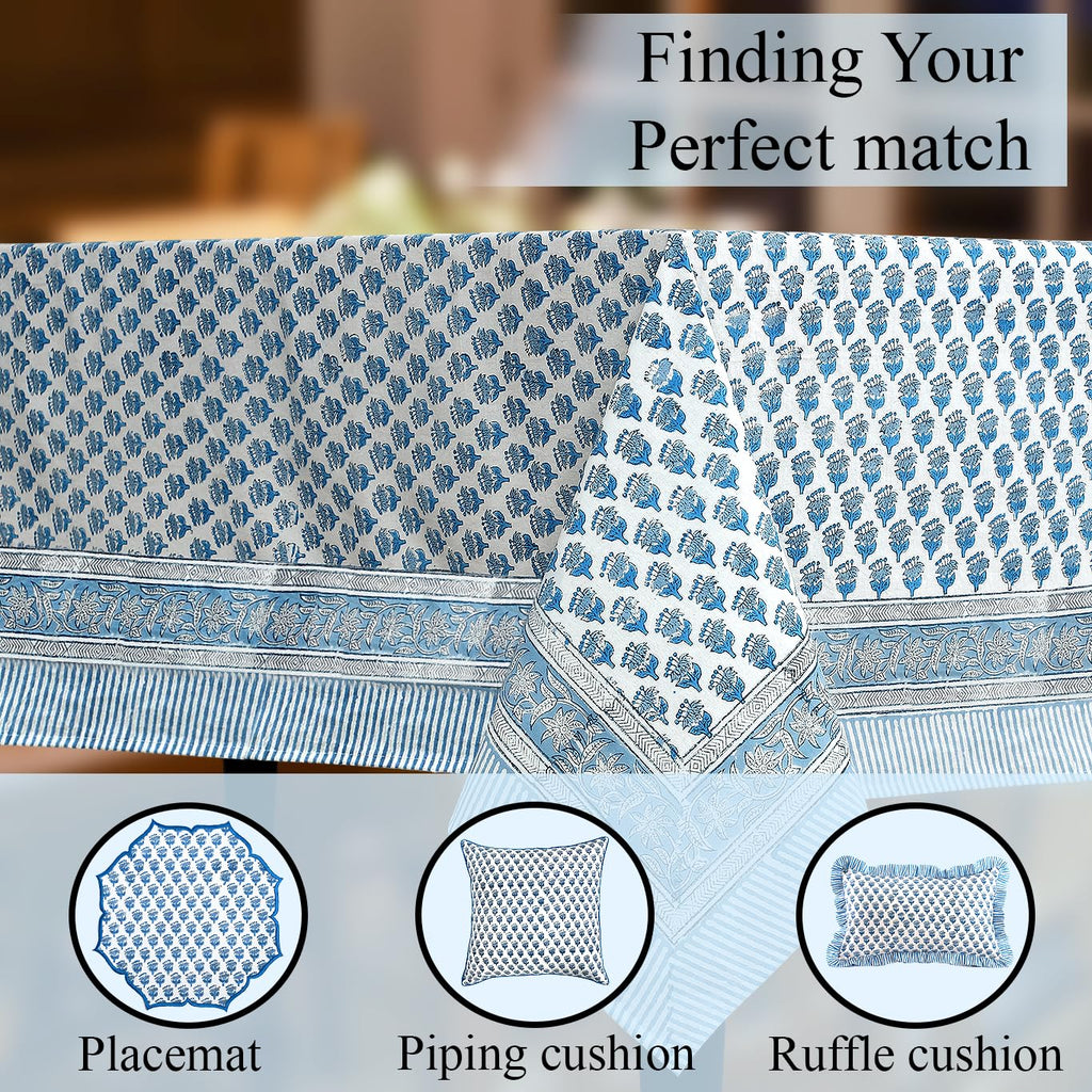 CPC Apatite Blue Block Print 100% Cotton Rectangle Tablecloth 60x90 Inch