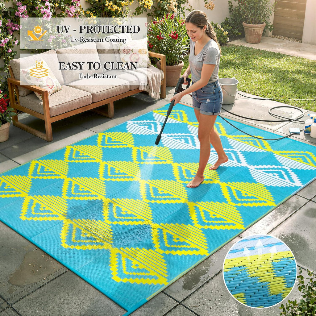 Outdoor Rug Waterproof, Reversible Outdoor Patio Rug for Backyard, Deck, Blue Yellow
