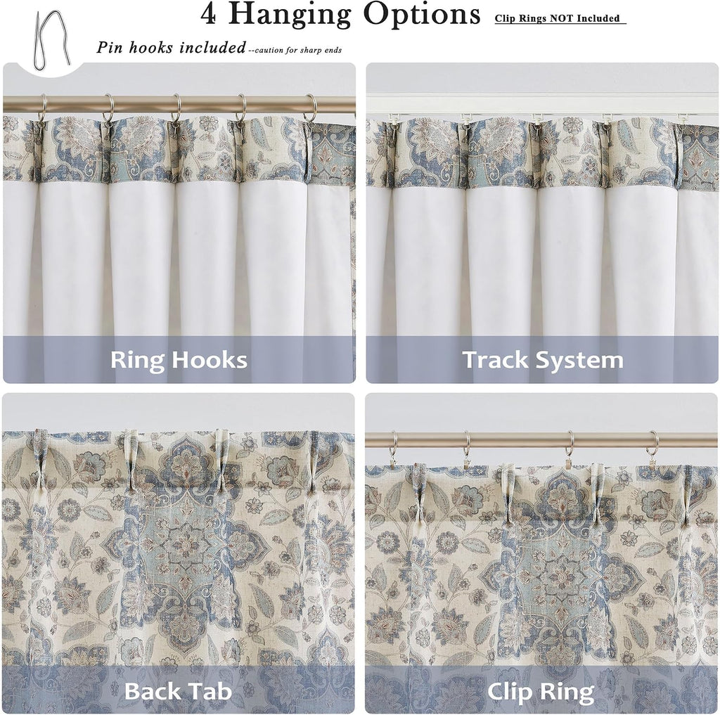 Navy Blue Floral Print Pinch Pleated Light Filtering Curtains with Microfiber Liner Linen Blended Textured Vintage