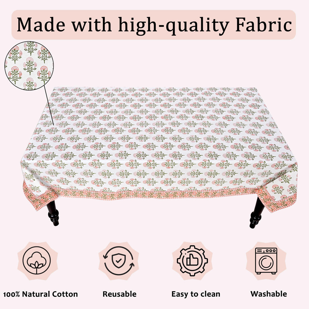 Mughal Buta Peach Hand Block Print Rectangle Tablecloth 108x70 Inch