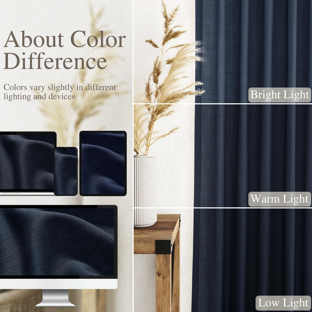 Navy Blue Semi Sheer Curtains 72 Inches Long 2 Panels Set Back Tab Rod Pocket Light Filtering Drapes Cotton Linen