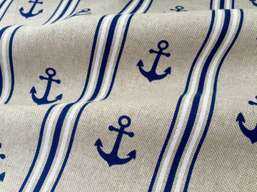 Marine Anchor Stripe Linen Look Print Fabric - Curtain Upholstery Material - Navy Blue & White - 55'' Wide (Sold by