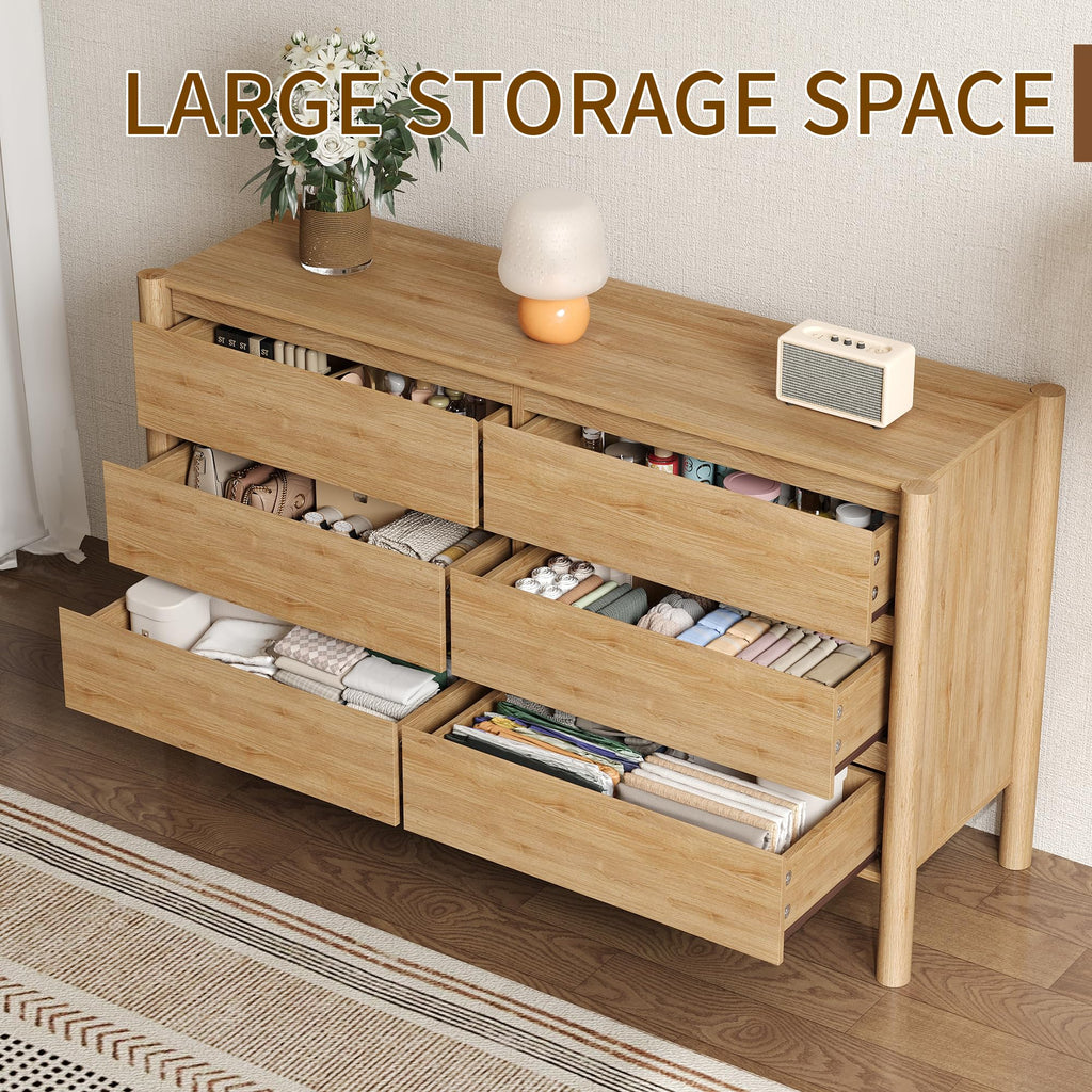 47.2" Wide Oak 6 Drawer Dresser with Solid Wood Legs