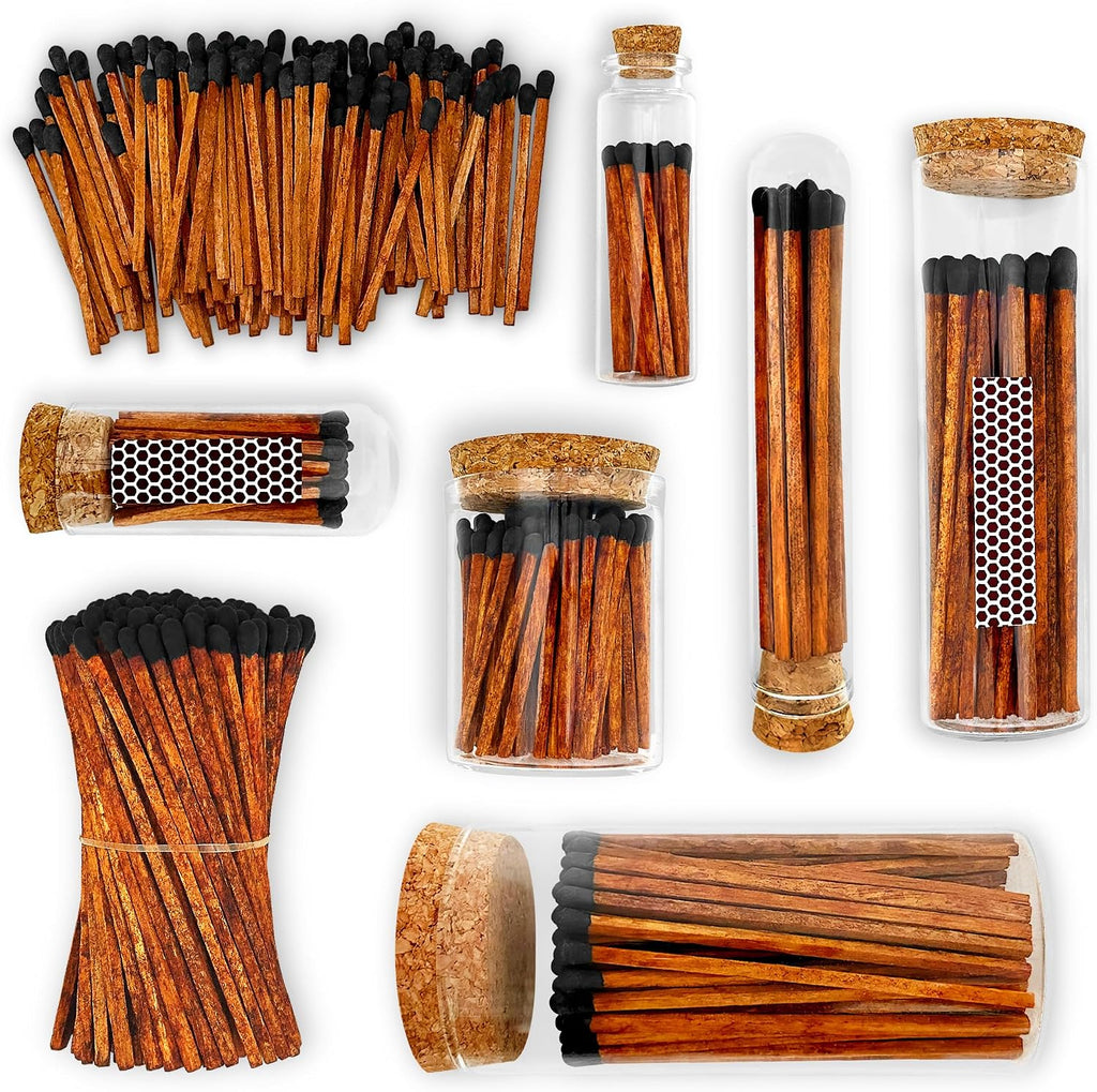 Decorative Matches in Mini Match Cloche Glass Jar Set | 4" Espresso Tip Long Matches (100 match sticks) + 3 Cork Top