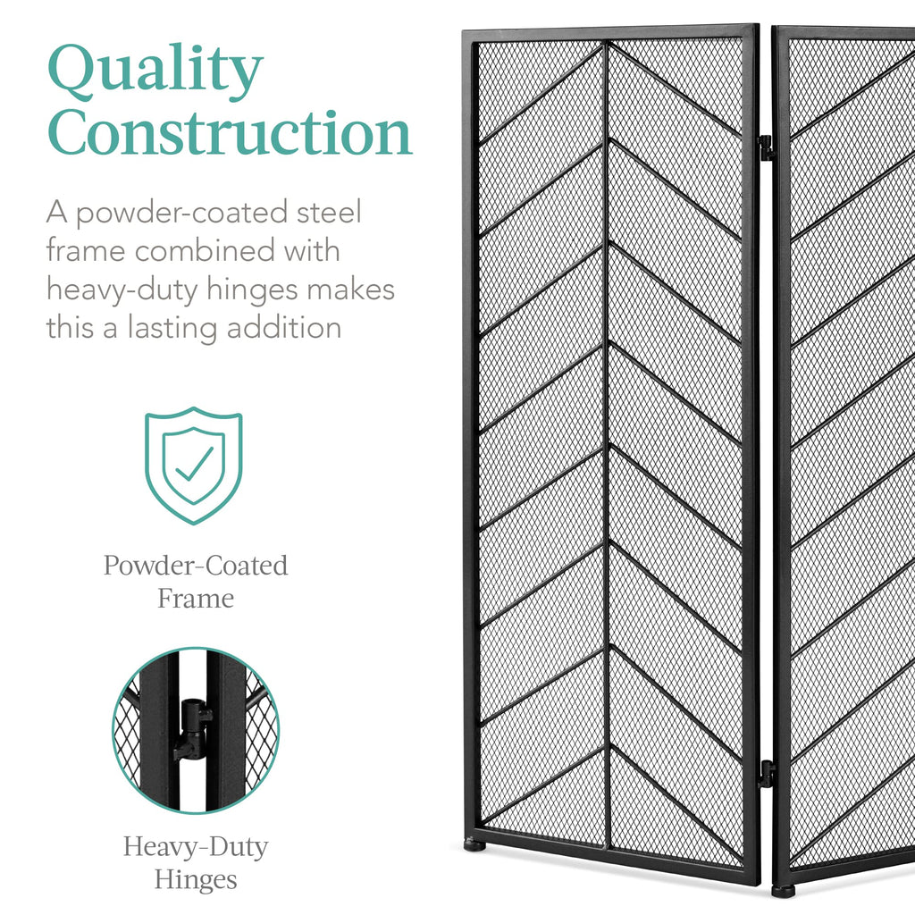 52x31in 3 Panel Chevron Fireplace Screen, Mid Century Modern Wrought Iron Hand Crafted Fire Place Guard Home Decor