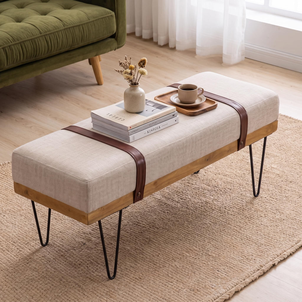 Industrial Modern Linen Rectangle Ottoman Bench, Beige