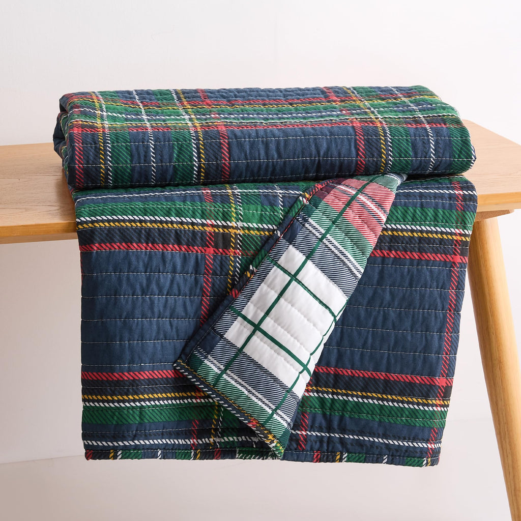 Spencer Plaid Navy - Quilted Throw (50x60in.) - Plaid - Red Green White - Reversible - Cotton