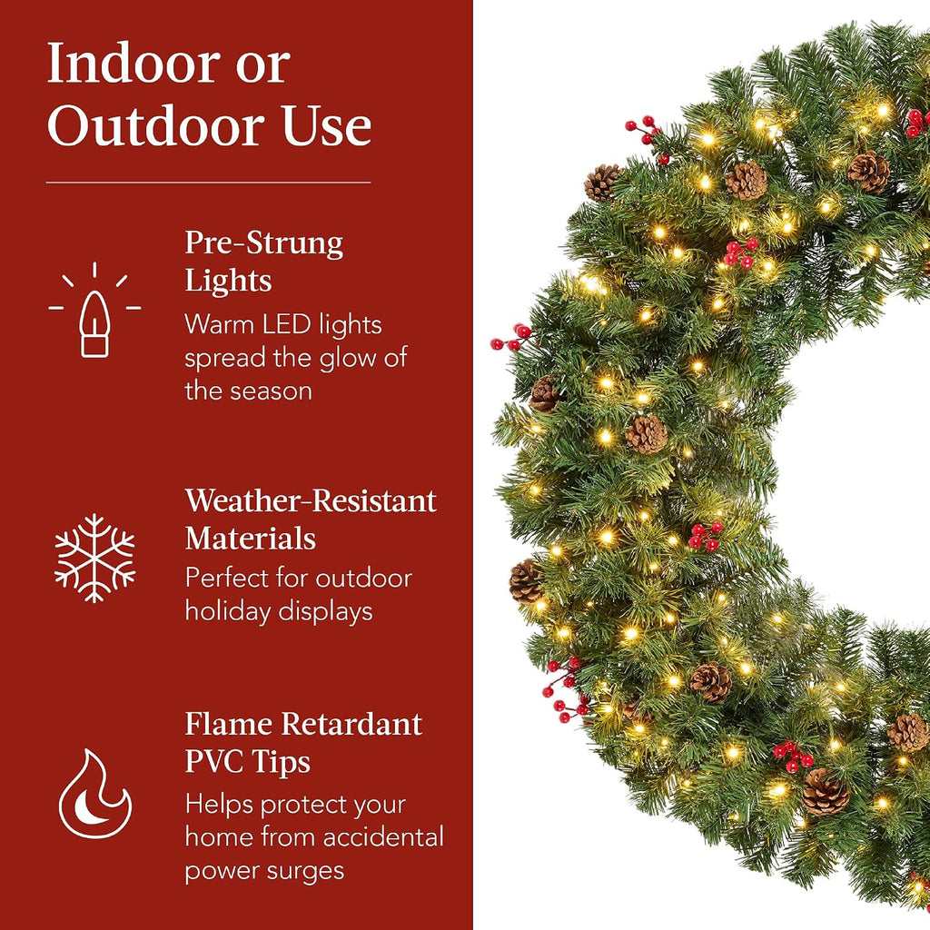 60in Pre-Lit Christmas Wreath w/Berries & Pinecones, Large Artificial Indoor/Outdoor Decor for Door, Mantel w/Red