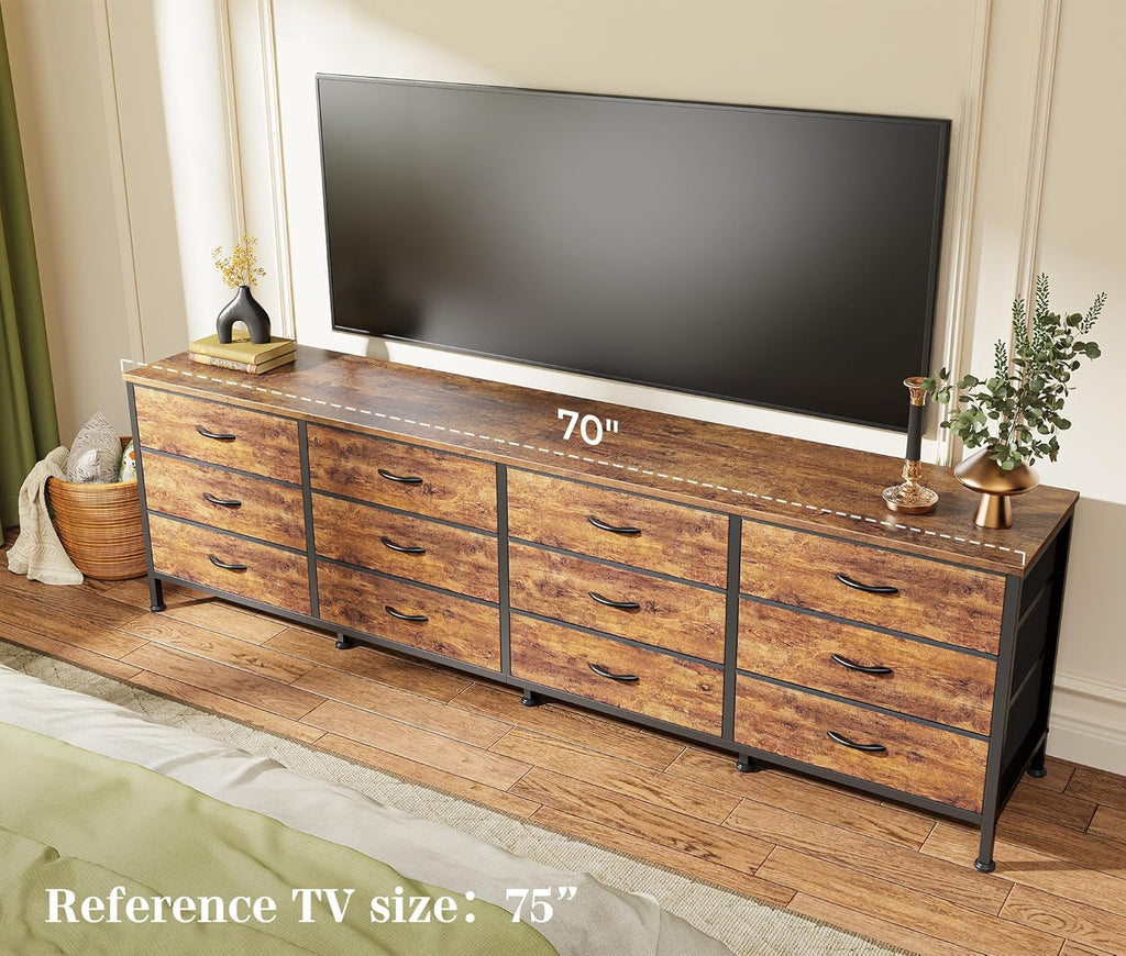 70 Inch Dresser , TV Stand for 65, 75, 80 Inch TV, 12 Fabric Drawer Long Dresser, Large Entertainment Center , Wide