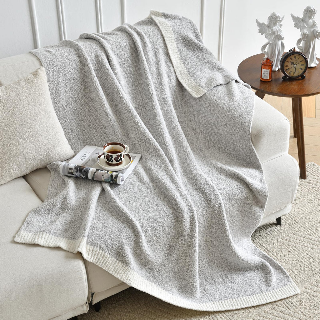 Chunky Knit Boucle Throw Blanket, Soft Washable Coastal Blanket for Bed Couch, Lightweight Cozy Oversized Feather