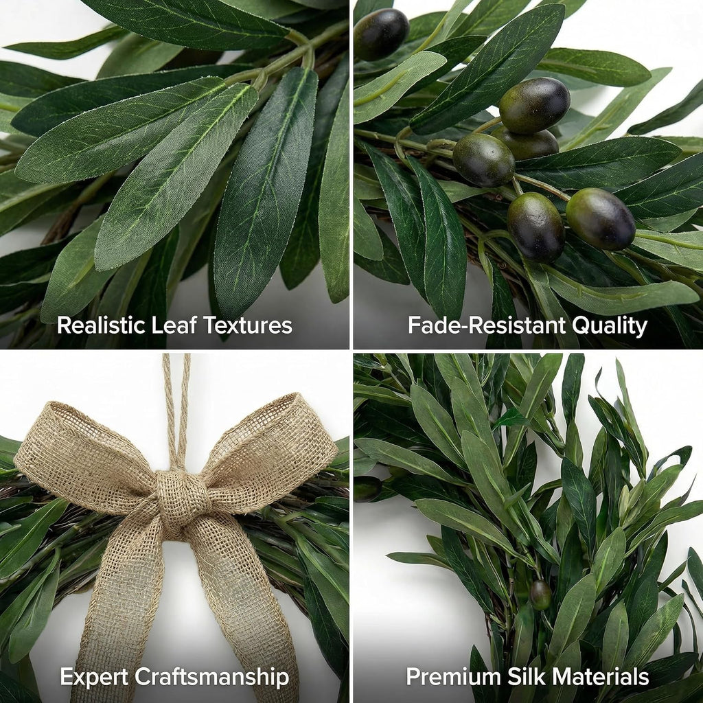 16" Heart Shaped Artificial Olive Leaf & Fruit Wreath - Realistic Green Olive Branches with Spring Floral Accents