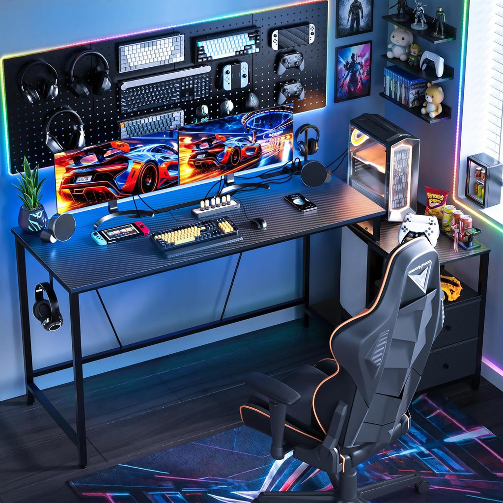 60Inch Gaming Desk Computer Desk Cable Management Carbon Fiber Texture Desk Corner Computer Desk Flip-up Computer