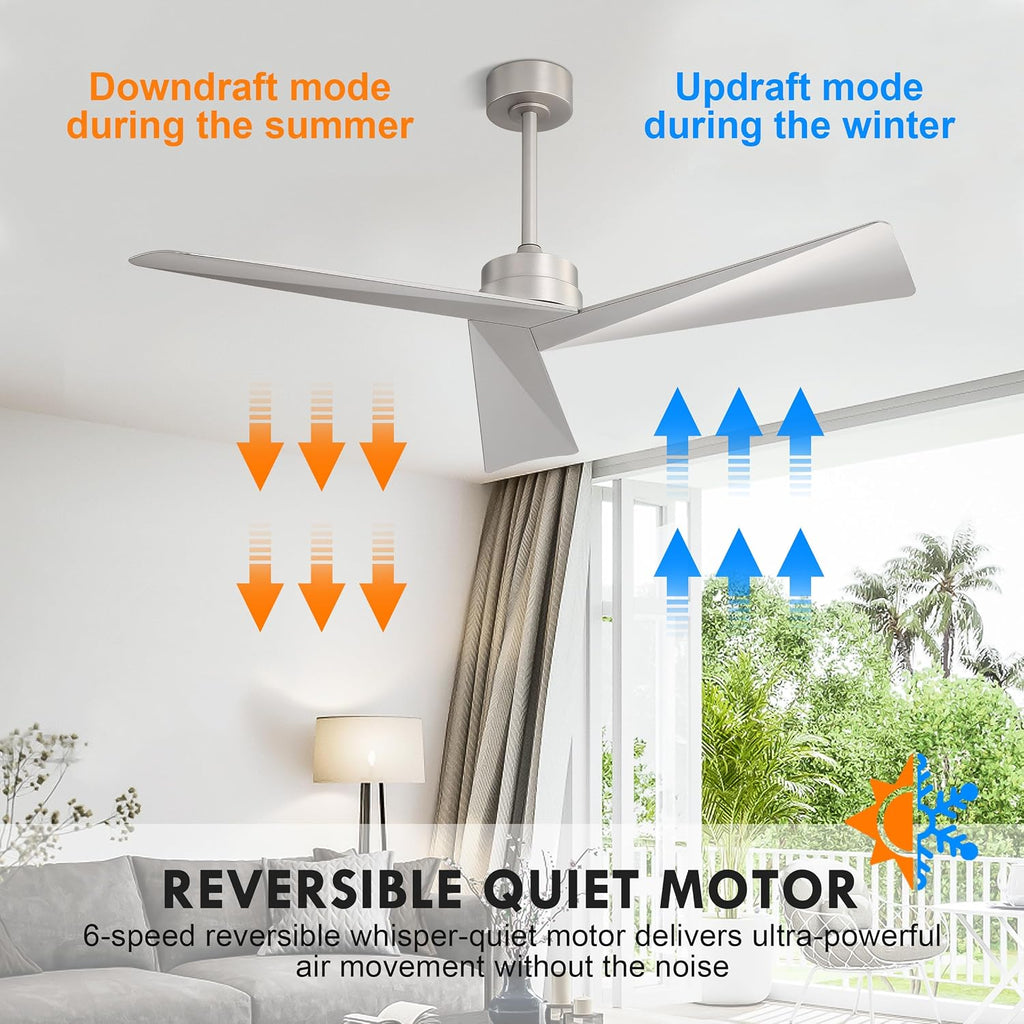 Inspired Adler Style 52" DC Ceiling Fan Without Light, 3 Sculpted ABS Blades, 6-Speed Remote - Brushed Nickel