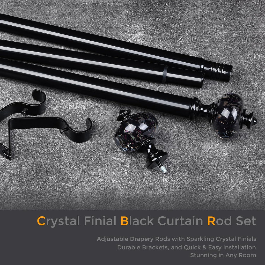 Black Curtain Rod for Windows 48 to 84 Inches, 1'' Heavy Duty Adjustable Modern Drapery Rods with Unique Crystal